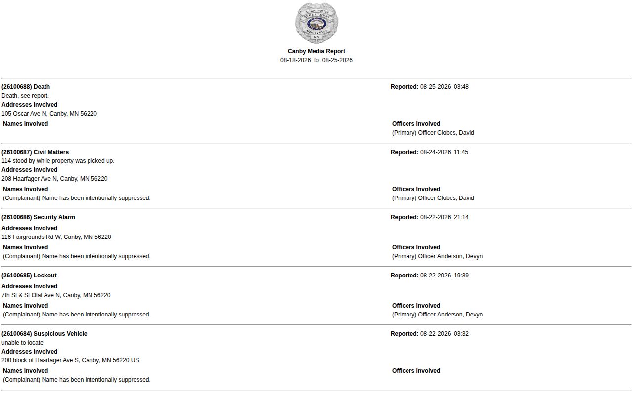 Canby Yellow Medicine County incident record report interface