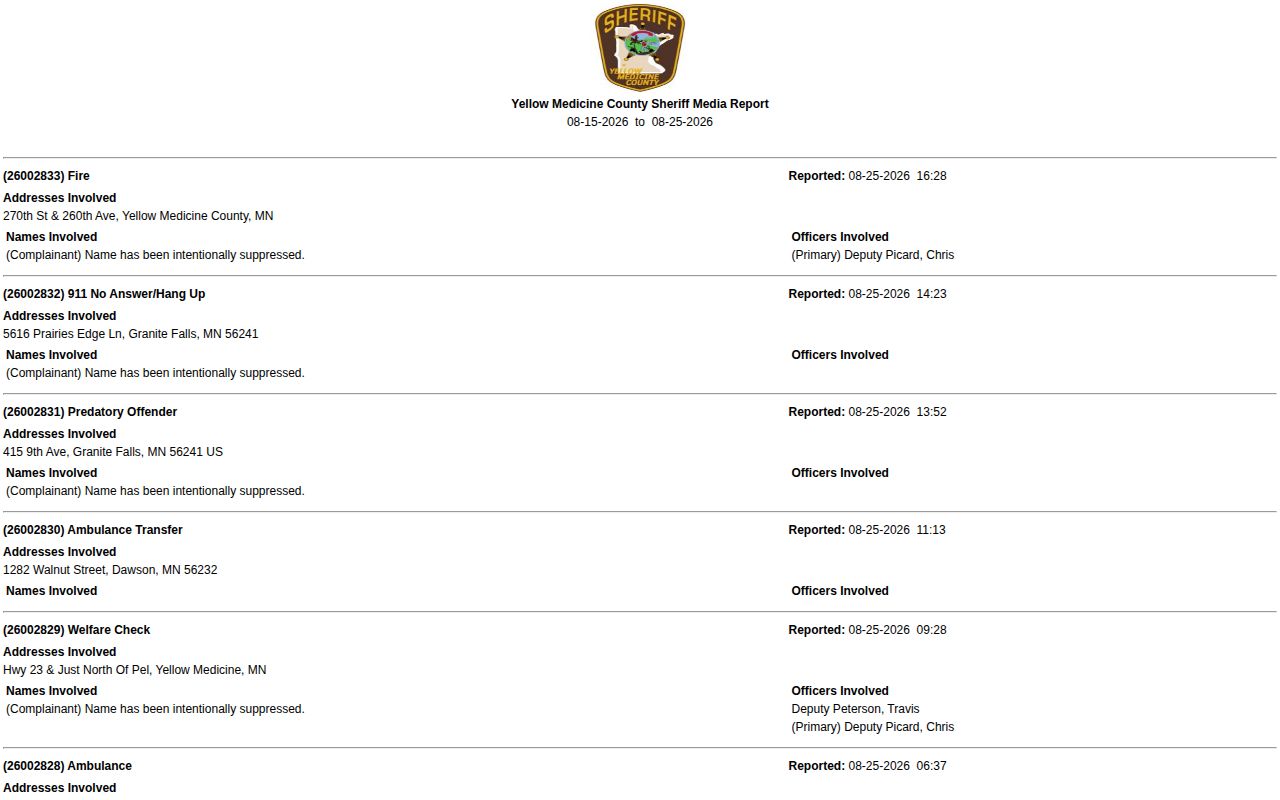 Yellow Medicine County official recent incident report and booking-related record interface